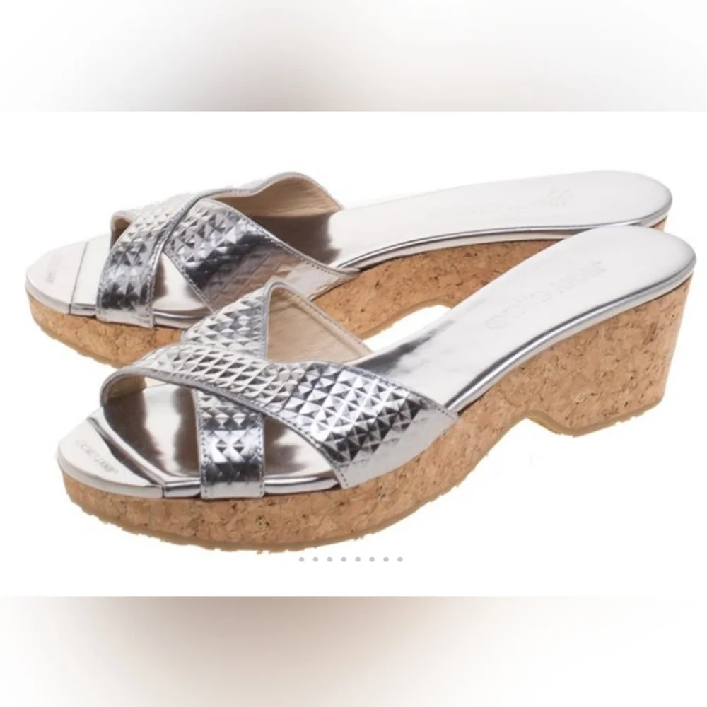 Jimmy Choo Silver Metallic Embossed Leather Panna Cork Slides Size 37.5